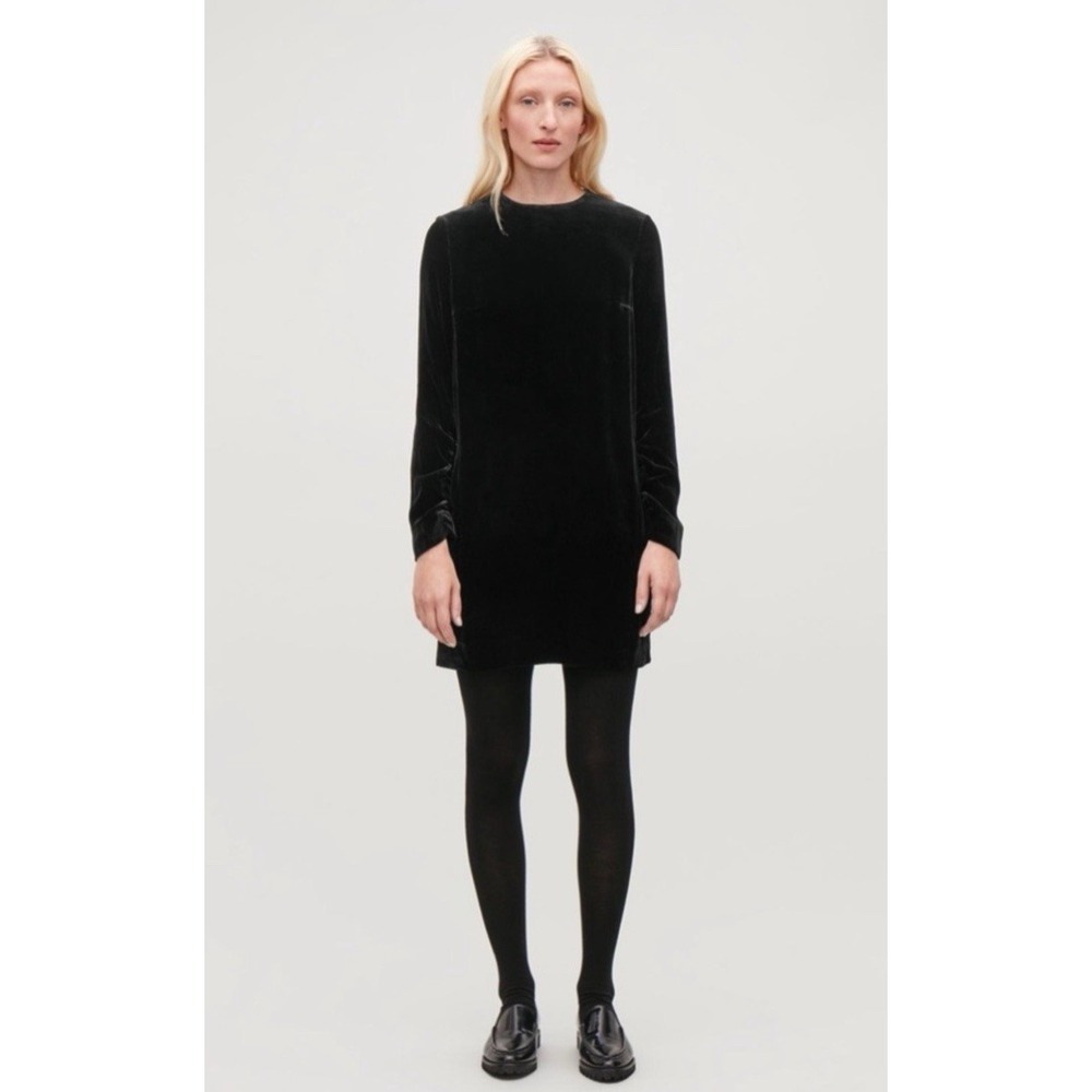 COS Black Silk Blend Velvet Long Sleeve Shift Mini Dress Size 6